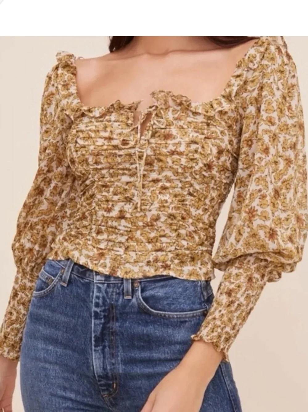 Astr the label Square Neck Ruched Top ivory mustard yellow floral blouse